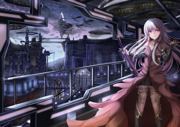 Anime picture 1280x905 with original koroneko single long hair fringe standing sky purple hair cloud (clouds) pink eyes city magic cityscape city lights girl gloves weapon sword black gloves elbow gloves