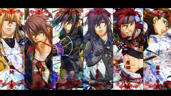 Anime picture 1920x1080 with hakuouki shinsengumi kitan studio deen saito hajime okita souji (hakuouki) hijikata toshizou (hakuouki) chikage kazama sanosuke harada toudou heisuke long hair highres short hair open mouth blue eyes black hair blonde hair smile red eyes brown hair wide image purple eyes