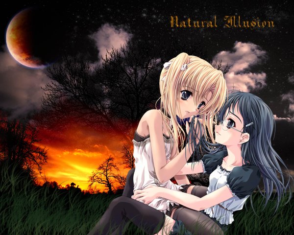 Anime picture 1280x1024 with gunslinger girl madhouse triela claes miyama zero slayerman long hair blush fringe open mouth black hair blonde hair hair between eyes sitting twintails multiple girls cloud (clouds) outdoors night grey eyes