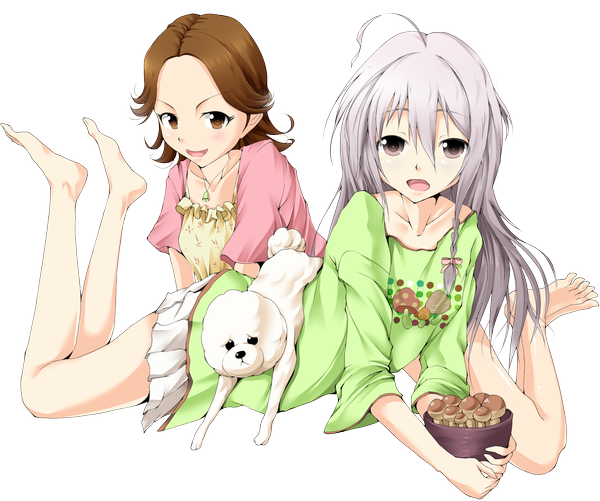 Anime picture 1975x1651 with solru (tyappygain) long hair looking at viewer highres open mouth brown hair multiple girls brown eyes silver hair barefoot legs transparent background girl dress 2 girls dog