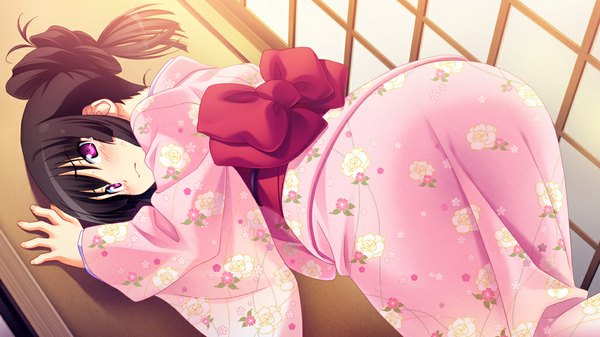 Anime picture 1024x576 with makai tenshi djibril ayanokouji aoi blush light erotic black hair wide image game cg japanese clothes pink eyes looking back from behind girl bow kimono
