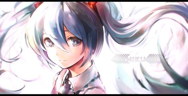 Anime picture 2500x1275 with vocaloid hatsune miku m.b single long hair looking at viewer fringe highres blue eyes simple background hair between eyes wide image twintails blue hair inscription character names floating hair letterboxed gradient hair face