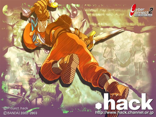 Anime picture 1024x768 with .hack// .hack//infection kite (.hack//) single looking at viewer short hair holding blue hair from behind copyright name soles fighting stance dual wielding boy hat