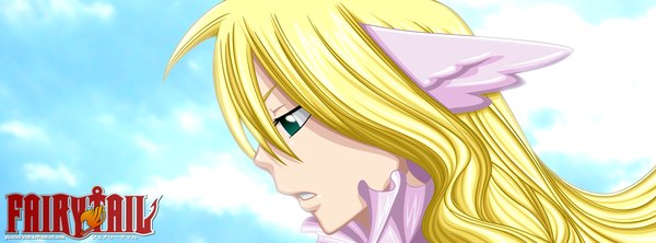 Anime picture 1500x556 with fairy tail mavis vermillion pkachu-kun single long hair blonde hair wide image green eyes sky cloud (clouds) profile sunlight inscription coloring close-up girl