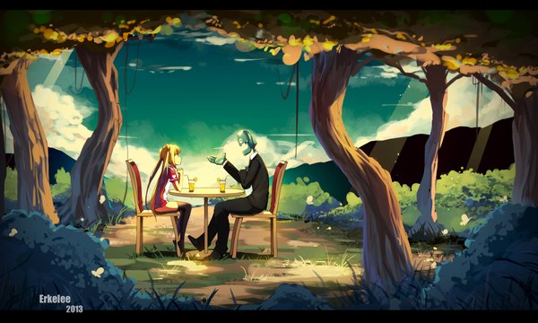 Anime picture 1980x1188 with original erkelee long hair fringe highres open mouth blonde hair wide image sitting twintails sky cloud (clouds) profile sunlight talking girl thighhighs black thighhighs plant (plants) tree (trees)