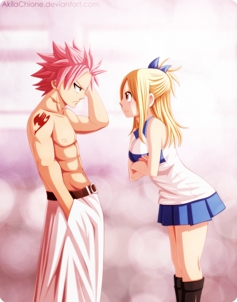 Anime picture 1400x1782 with fairy tail lucy heartfilia natsu dragneel akilachione long hair tall image short hair blonde hair brown eyes green eyes pink hair ponytail profile tattoo coloring side ponytail scar crossed arms muscle face to face