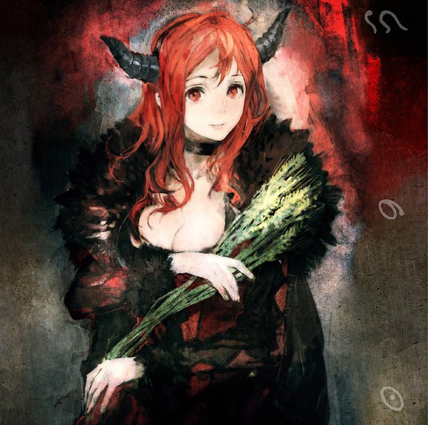 Anime picture 1500x1492 with maoyuu maou yuusha arms corporation maou (maoyuu) humi (artist) single long hair looking at viewer blush fringe breasts hair between eyes red eyes large breasts standing holding payot cleavage upper body red hair horn (horns)