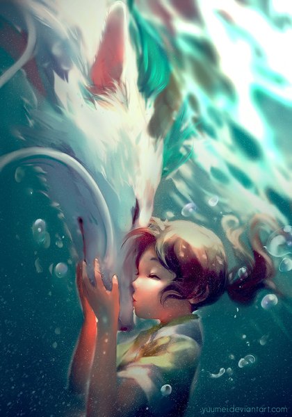 Anime picture 750x1071 with spirited away studio ghibli haku (spirited away) ogino chihiro haku (dragon) yuumei long hair tall image fringe highres smile brown hair ponytail fingernails short sleeves partially submerged fantasy kiss weightlessness girl