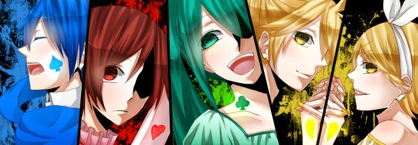 Anime picture 1280x444 with vocaloid hatsune miku kagamine rin kagamine len kaito (vocaloid) meiko tagme (artist) long hair looking at viewer short hair open mouth blonde hair smile red eyes wide image multiple girls green eyes blue hair red hair nail polish
