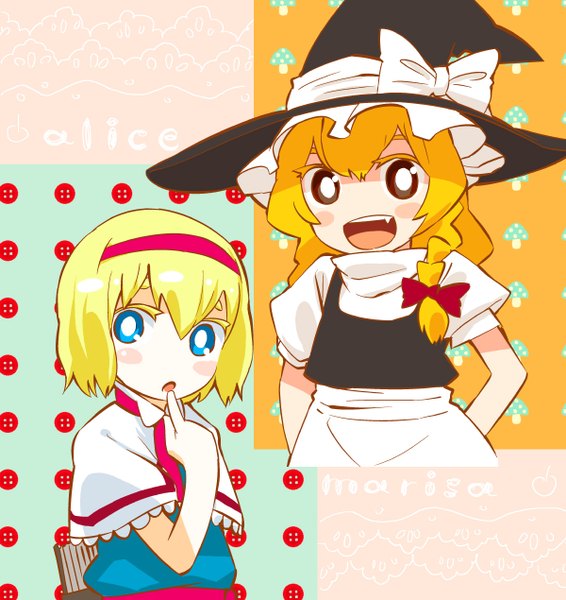 Anime picture 1200x1270 with touhou kirisame marisa alice margatroid mizu asato tall image blush short hair open mouth blue eyes blonde hair multiple girls brown eyes inscription single braid hands behind back girl skirt 2 girls hairband book (books)