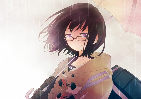 Anime picture 1134x800 with original sugano manami single black hair purple eyes rain crying girl gloves uniform school uniform glasses umbrella cloak school bag