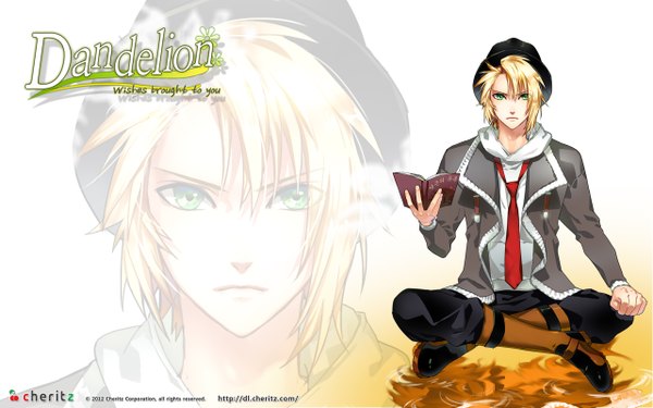 Anime picture 1280x800 with dandelion: wishes brought to you jiwoo cheritz single looking at viewer fringe short hair blonde hair wide image sitting green eyes game cg inscription official art boy hat necktie book (books)