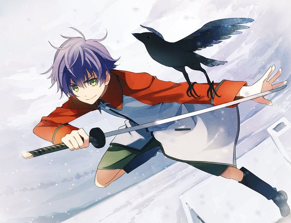 Anime picture 1000x767 with hakkenden: eight dogs of the east studio deen inuzuka shino murasame takerusilt single looking at viewer fringe short hair smile hair between eyes holding green eyes purple hair full body outstretched arm snowing snow jumping fighting stance