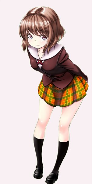 Anime picture 551x1093 with idolmaster hagiwara yukiho zizi (zz22) single tall image simple background standing plaid skirt hands behind back brown background school wear (idolmaster) girl skirt uniform school uniform socks shoes black socks