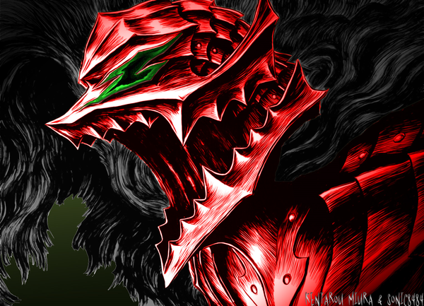 Anime picture 1523x1100 with berserk guts kentaro miura single open mouth simple background green eyes signed profile boy armor cloak helmet