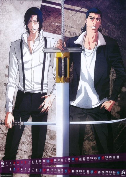 Anime picture 2847x3997 with bleach studio pierrot ginjou kuugo shuukurou tsukishima tall image highres short hair blue eyes smile standing blue hair scan official art open collar hand in pocket calendar 2012 boy weapon sword jacket