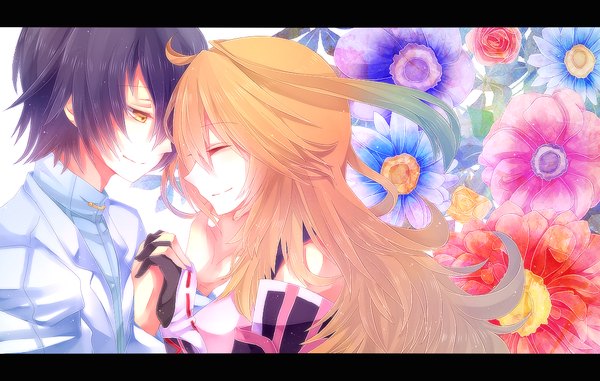 Anime picture 1100x700 with tales of (series) tales of xillia milla maxwell jude mathis shirakawa isago long hair short hair black hair blonde hair yellow eyes ahoge couple holding hands girl boy flower (flowers)