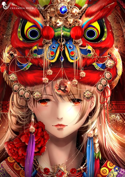 Anime picture 724x1024 with original creamsea single long hair tall image looking at viewer blush fringe blonde hair red eyes signed sparkle lipstick portrait red lipstick girl earrings headdress jewelry beads