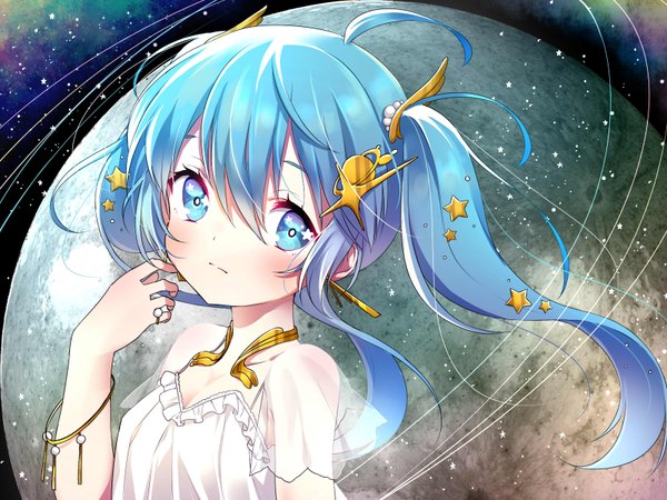 Anime picture 1600x1200 with vocaloid hatsune miku fuu (07199382) single long hair looking at viewer blush fringe blue eyes hair between eyes twintails payot blue hair upper body ahoge wind short sleeves girl hair ornament choker
