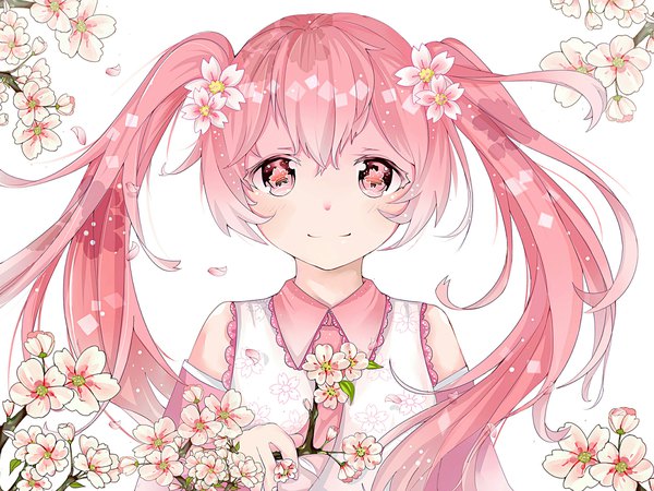 Anime picture 2160x1620 with vocaloid hatsune miku sakura miku miaogujun single long hair looking at viewer highres twintails pink hair upper body pink eyes light smile cherry blossoms symbol-shaped pupils girl detached sleeves petals branch