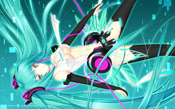 Anime picture 1920x1200 with vocaloid vocaloid append hatsune miku hatsune miku (append) hisuri (artist) single long hair highres breasts light erotic wide image twintails aqua eyes aqua hair girl