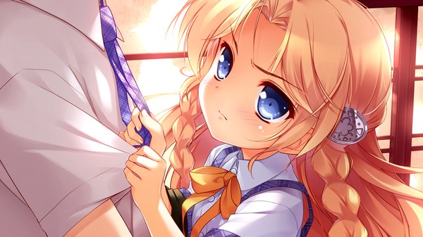 Anime picture 1024x576 with natsukumo yururu long hair blush blue eyes blonde hair wide image game cg braid (braids) loli girl uniform school uniform