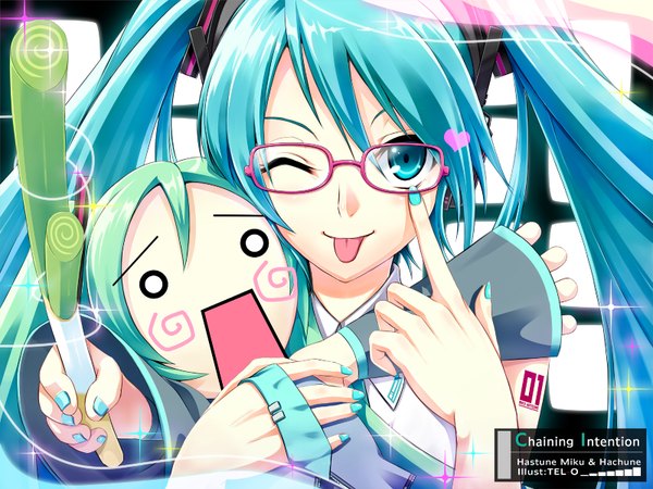 Anime picture 1600x1200 with vocaloid hatsune miku hachune miku tel-o long hair blush open mouth blue eyes blue hair one eye closed green hair wink lens flare :p akanbe girl glasses necktie tongue leek