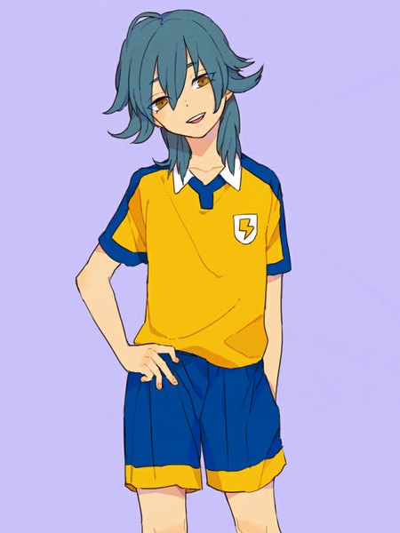 Anime picture 700x933 with inazuma eleven inazuma eleven go kariya masaki simio single long hair tall image looking at viewer simple background smile hair between eyes brown eyes ahoge parted lips aqua hair hand on hip purple background boy uniform gym uniform