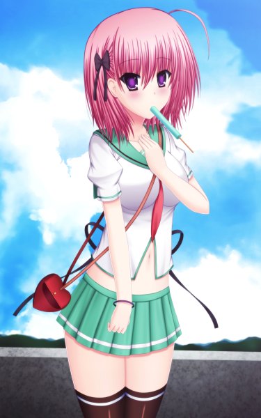 Anime picture 3000x4800 with tagme (copyright) toyokawa itsuki (p mayuhime) single tall image blush highres short hair purple eyes pink hair girl thighhighs navel miniskirt food sweets ice cream