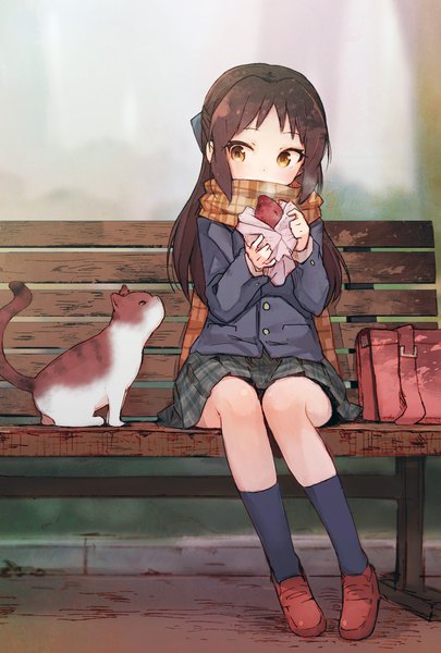 Anime picture 1241x1837 with idolmaster idolmaster cinderella girls tachibana arisu sakura akami single long hair tall image blush black hair sitting holding brown eyes looking away blurry plaid skirt covered mouth knees touching girl skirt uniform