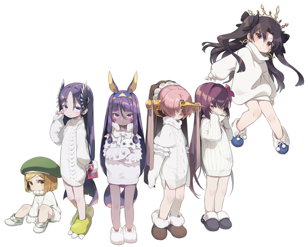 Anime picture 1500x1204 with fate (series) fate/grand order fate/apocrypha scathach (fate) (all) scathach (fate) ishtar (fate) minamoto no raikou (fate) frankenstein's monster (fate) nitocris (fate) medjed paul bunyan (fate/grand order) ka-no long hair looking at viewer blush fringe short hair simple background blonde hair hair between eyes