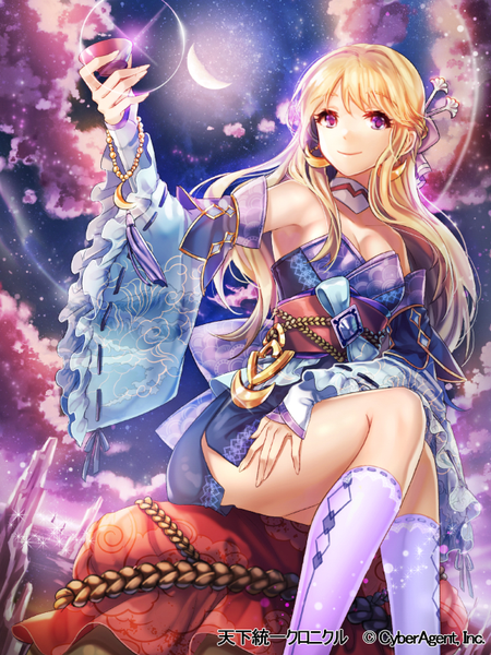 Anime picture 600x800 with original interitio single long hair tall image looking at viewer fringe blonde hair smile sitting bare shoulders cloud (clouds) bent knee (knees) pink eyes night sparkle night sky crescent shiny rock