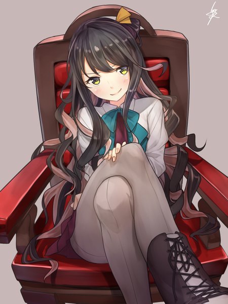 Anime picture 1200x1600 with kantai collection naganami destroyer baffu single long hair tall image looking at viewer blush fringe black hair simple background smile sitting signed yellow eyes pink hair nail polish head tilt multicolored hair grey background