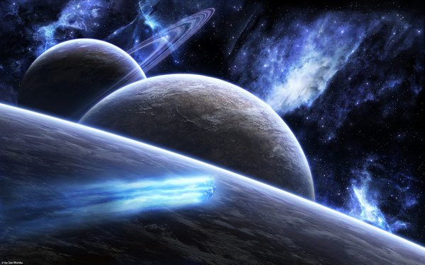 Anime picture 1920x1200 with original sanmonku highres wide image wallpaper light no people scenic space star (stars) planet