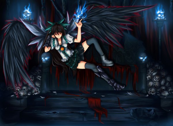 Anime picture 2801x2040 with touhou reiuji utsuho shou mai single long hair highres black hair smile red eyes glowing glowing eye (eyes) black wings girl thighhighs bow black thighhighs hair bow wings fire skull