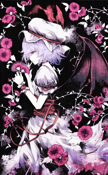 Anime picture 760x1227 with touhou remilia scarlet uni (bom19850101) single tall image short hair purple hair profile pink eyes puffy sleeves finger to mouth black background looking down bat wings girl flower (flowers) wings bonnet