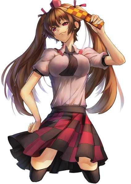 Anime picture 869x1228 with touhou himekaidou hatate scottie (phantom2) single long hair tall image breasts simple background brown hair large breasts white background twintails pink eyes hand on hip checkered checkered skirt girl thighhighs skirt black thighhighs