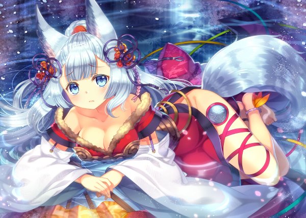 Anime picture 1200x855 with granblue fantasy socie (granblue fantasy) capura lin single long hair looking at viewer blush fringe breasts blue eyes light erotic bare shoulders animal ears cleavage silver hair ponytail tail lying animal tail barefoot