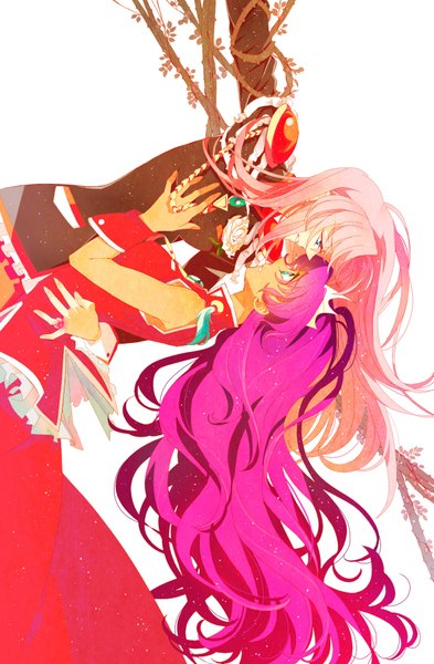 Anime picture 1181x1800 with revolutionary girl utena j.c. staff tenjou utena himemiya anthy ateka (artist) long hair tall image blue eyes simple background white background multiple girls holding green eyes pink hair purple hair hug shoujo ai girl flower (flowers) 2 girls