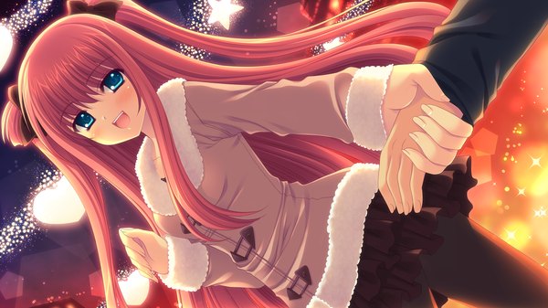 Anime picture 1280x720 with world wide love! (game) yamino yumeko long hair open mouth blue eyes wide image twintails game cg red hair girl