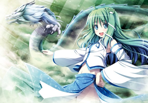 Anime picture 1200x837 with touhou kochiya sanae akashio (loli ace) single long hair looking at viewer open mouth blue eyes ahoge green hair wind girl hair ornament detached sleeves dragon snake frog