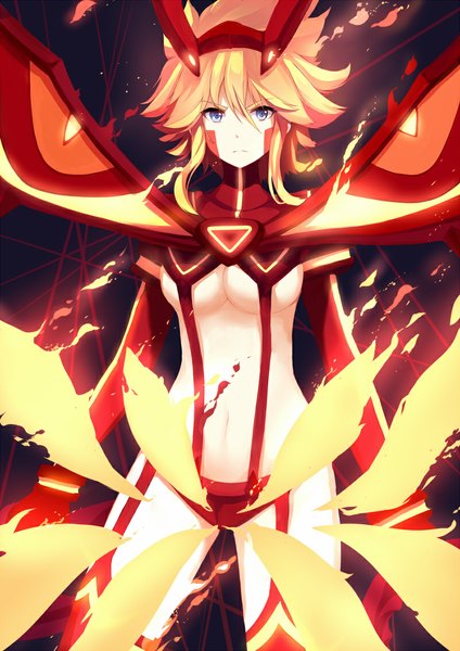 Anime picture 800x1131 with kill la kill studio trigger matoi ryuuko riki-to single tall image looking at viewer short hair breasts blue eyes light erotic blonde hair girl navel fire