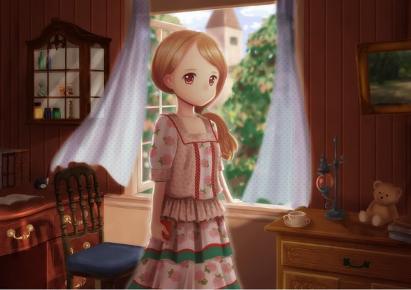 Anime picture 1023x724 with original alba (little witches) single long hair looking at viewer brown hair standing brown eyes sky cloud (clouds) indoors wind blurry low ponytail girl dress plant (plants) tree (trees) window book (books)