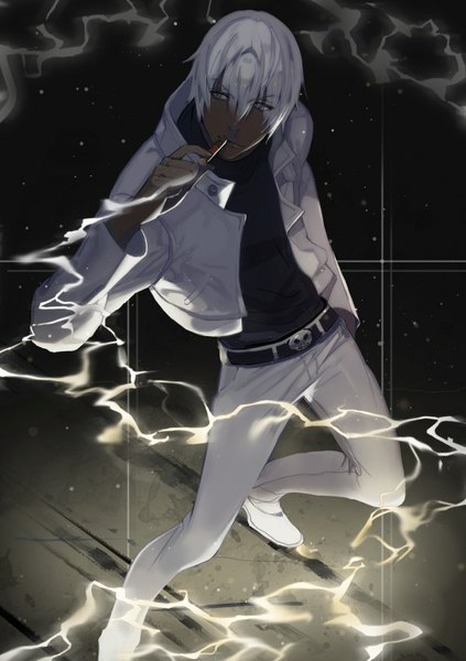 Anime picture 617x875 with kekkai sensen studio bones zapp renfro lloule single tall image short hair simple background looking away bent knee (knees) white hair from above open clothes open jacket grey eyes black background smoke boy jacket cigarette