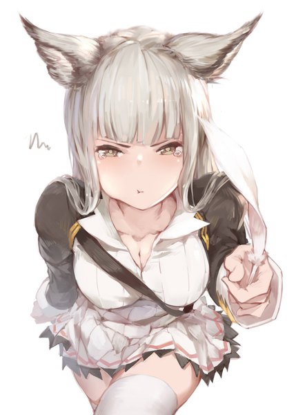 Anime picture 1463x2048 with granblue fantasy korwa (granblue fantasy) hana mori single long hair tall image looking at viewer fringe simple background white background sitting holding animal ears silver hair pleated skirt from above grey eyes zettai ryouiki outstretched hand erune