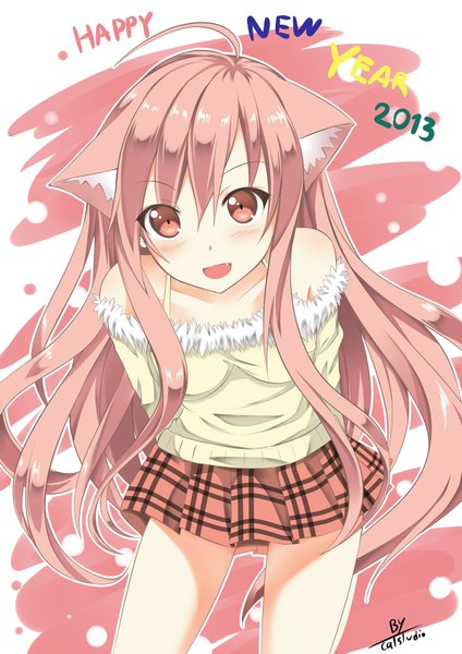 Anime picture 1200x1697 with original puni (miku plus) catstudioinc (punepuni) single long hair tall image looking at viewer blush open mouth red eyes bare shoulders animal ears pink hair new year happy new year 2013 girl skirt miniskirt