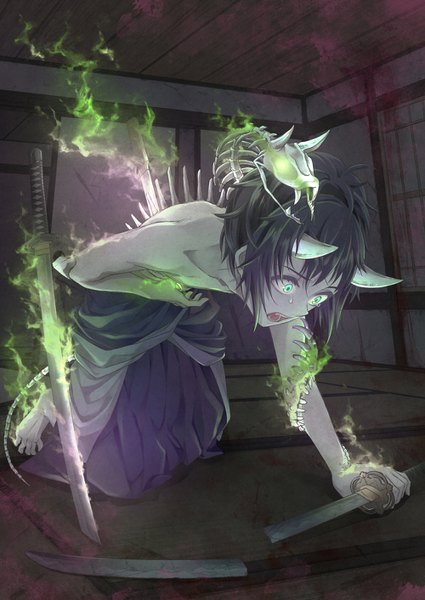 Anime picture 1000x1412 with touken ranbu nitroplus yamato no kami yasusada ma na roo single tall image fringe open mouth black hair holding green eyes indoors horn (horns) arm support no shoes glowing glowing eye (eyes) oni horns skeleton screaming