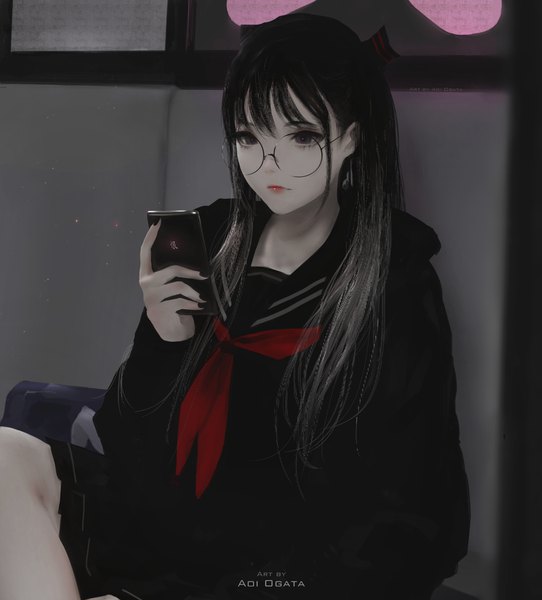 Anime picture 1628x1804 with original hate-chan (aoi ogata) aoi ogata single long hair tall image fringe black hair hair between eyes sitting holding looking away long sleeves nail polish black eyes blurry gradient hair grey skin girl skirt