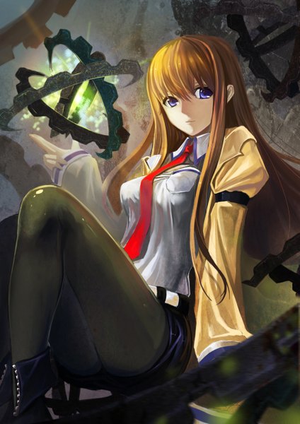 Anime picture 945x1336 with steins;gate white fox makise kurisu sola (sola04) single long hair tall image blue eyes brown hair sitting looking away girl pantyhose necktie gears