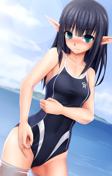 Anime picture 959x1500 with phantasy star sega rupika (pso2) eto single long hair tall image looking at viewer blush blue eyes light erotic black hair bare shoulders pointy ears girl swimsuit water